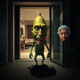 A surreal and horrifying creature standing outside the front door of a luxurious modern house, featuring a grotesque combination of faces: the smooth face of an avocado, the elongated features of a cucumber, the chiseled visage of a sexy man, the delicate and youthful face of a beautiful young Chinese lady, the round and warm expression of a fat Mexican lady, and the wrinkled face of an old lady