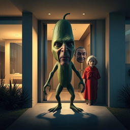 A surreal and horrifying creature standing outside the front door of a luxurious modern house, featuring a grotesque combination of faces: the smooth face of an avocado, the elongated features of a cucumber, the chiseled visage of a sexy man, the delicate and youthful face of a beautiful young Chinese lady, the round and warm expression of a fat Mexican lady, and the wrinkled face of an old lady