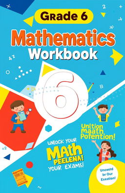 A vibrant and colorful cover design for a Grade 6 mathematics workbook intended for students aged 10 to 12