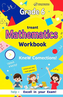 A vibrant and colorful cover design for a Grade 6 mathematics workbook intended for students aged 10 to 12