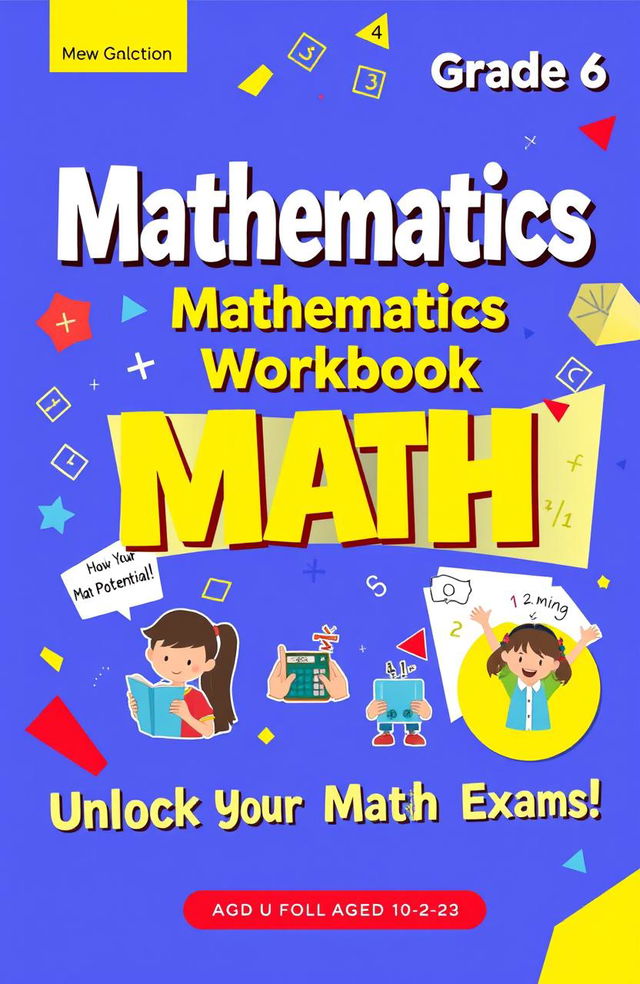 A vibrant and colorful cover design for a Grade 6 mathematics workbook intended for students aged 10 to 12