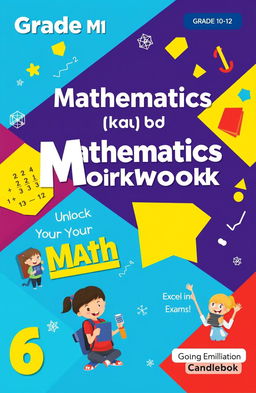 A vibrant and colorful cover design for a Grade 6 mathematics workbook intended for students aged 10 to 12