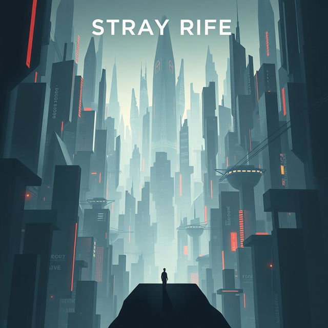 An intriguing cinema poster for a dystopian futuristic city named Stray Rife, deeply influenced by the concepts of artificial intelligence