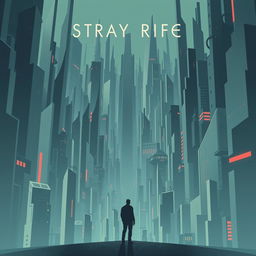 An intriguing cinema poster for a dystopian futuristic city named Stray Rife, deeply influenced by the concepts of artificial intelligence