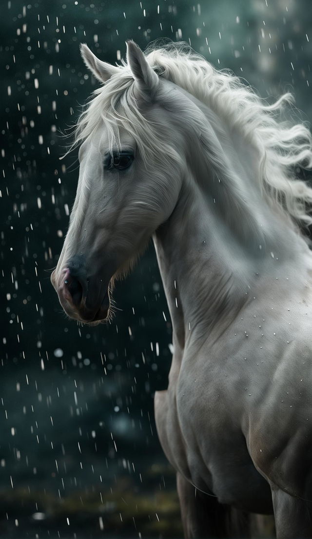 A Rococo-inspired 200mm portrait featuring a noble horse in pastel hues against a minimalist background. Ethereal particles float around it while light rain falls gently.