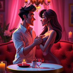 A vibrant and alluring animated GIF featuring a tastefully suggestive scene of an adult couple in an intimate, romantic setting, surrounded by soft lighting and elegant decor