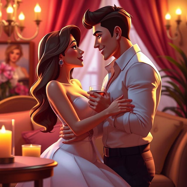 A vibrant and alluring animated GIF featuring a tastefully suggestive scene of an adult couple in an intimate, romantic setting, surrounded by soft lighting and elegant decor