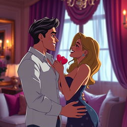 A vibrant and alluring animated GIF featuring a tastefully suggestive scene of an adult couple in an intimate, romantic setting, surrounded by soft lighting and elegant decor
