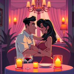 A vibrant and alluring animated GIF featuring a tastefully suggestive scene of an adult couple in an intimate, romantic setting, surrounded by soft lighting and elegant decor