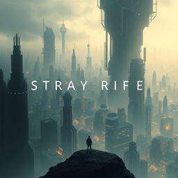 An evocative cinema poster for a dystopian futuristic city titled Stray Rife, emphasizing the pervasive influence of artificial intelligence
