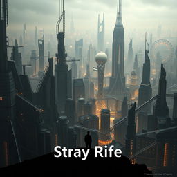 An evocative cinema poster for a dystopian futuristic city titled Stray Rife, emphasizing the pervasive influence of artificial intelligence