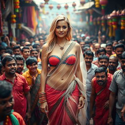 A striking scene of a confident blonde woman wearing a transparent saree over a strapless bikini, accentuating her big cleavage and sexy navel