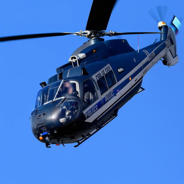 A police helicopter in mid-flight, showcasing its advanced navigational technology and sleek design.