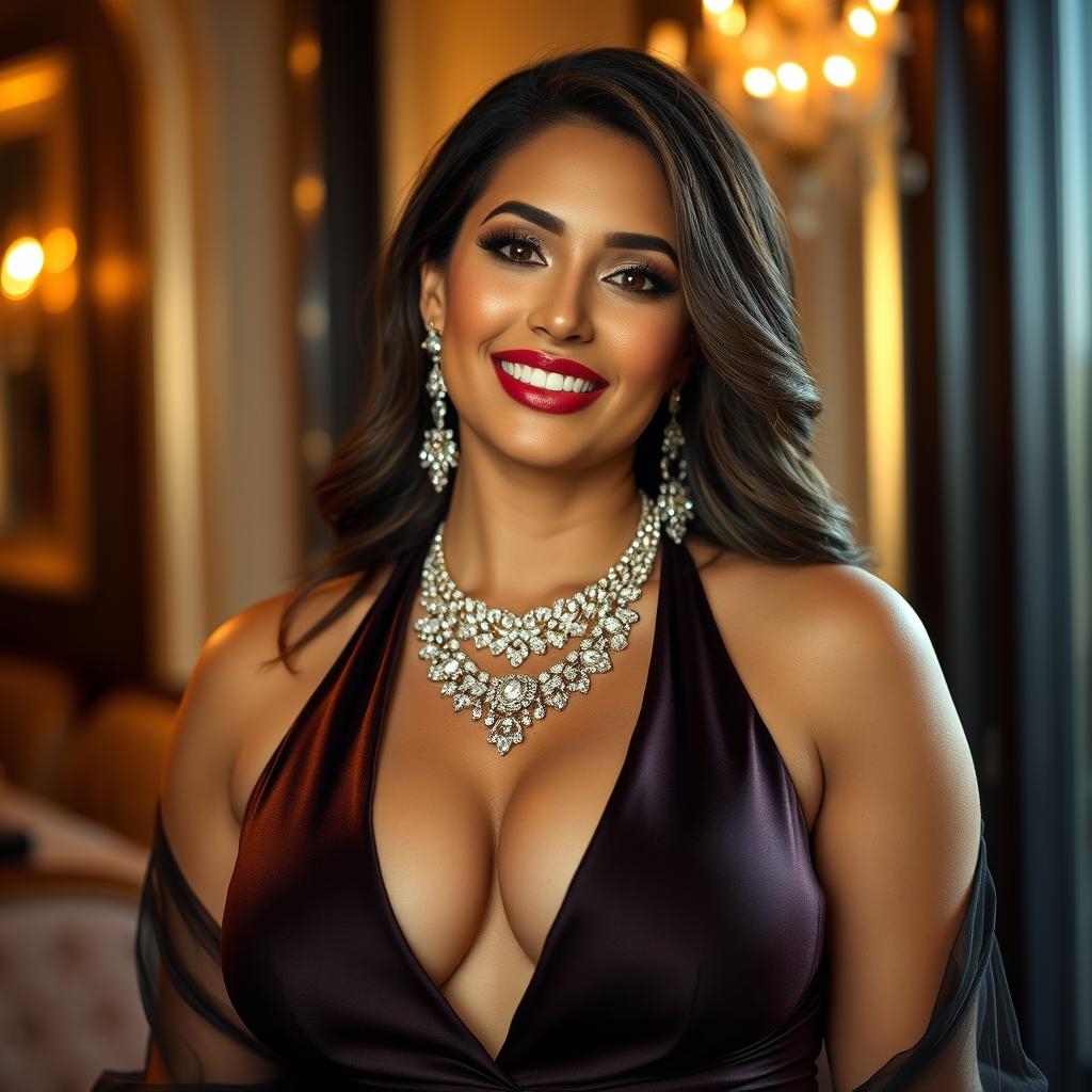 A glamorous and alluring portrait of a confident and sexy woman with deep neckline attire, emphasizing her voluptuous figure with 36 boob size