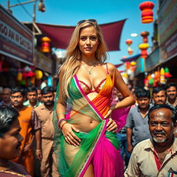 A captivating scene featuring a bold blonde woman dressed in a colorful transparent saree layered over a strapless bikini, highlighting her big breast cleavage and sexy navel