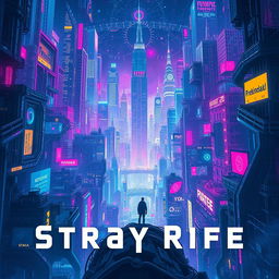 An eye-catching cinema poster for a dystopian futuristic city named Stray Rife, woven intricately around the theme of artificial intelligence