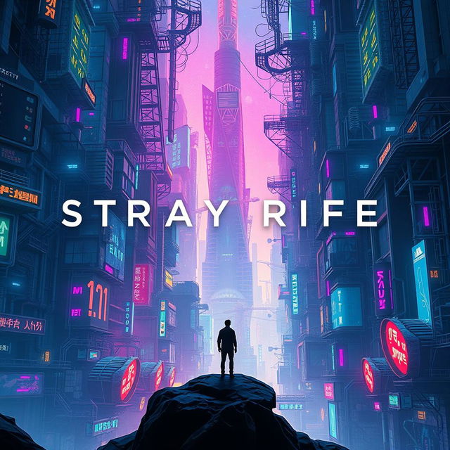 An eye-catching cinema poster for a dystopian futuristic city named Stray Rife, woven intricately around the theme of artificial intelligence