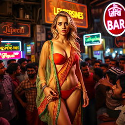 A captivating scene featuring a bold blonde woman dressed in a colorful transparent saree layered over a strapless bikini, emphasizing her big breast cleavage and sexy navel