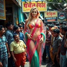 An eye-catching scene featuring a bold blonde woman in a colorful transparent saree layered over a strapless bikini and small panty, accentuating her big breast cleavage and sexy navel, as well as her alluring legs