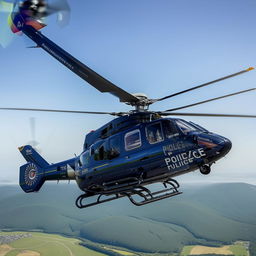 A police helicopter in mid-flight, showcasing its advanced navigational technology and sleek design.