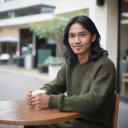 A young Indonesian man with long hair and fair skin sitting in a cafe, wearing a sweater and army cargo pants. He is enjoying a cup of coffee with the outdoor cafetaria in the background.