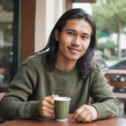 A young Indonesian man with long hair and fair skin sitting in a cafe, wearing a sweater and army cargo pants. He is enjoying a cup of coffee with the outdoor cafetaria in the background.