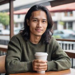 A young Indonesian man with long hair and fair skin sitting in a cafe, wearing a sweater and army cargo pants. He is enjoying a cup of coffee with the outdoor cafetaria in the background.