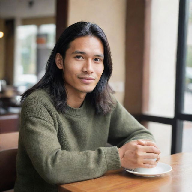 A young Indonesian man with long hair and fair skin sitting in a cafe, wearing a sweater and army cargo pants. He is enjoying a cup of coffee with the outdoor cafetaria in the background.