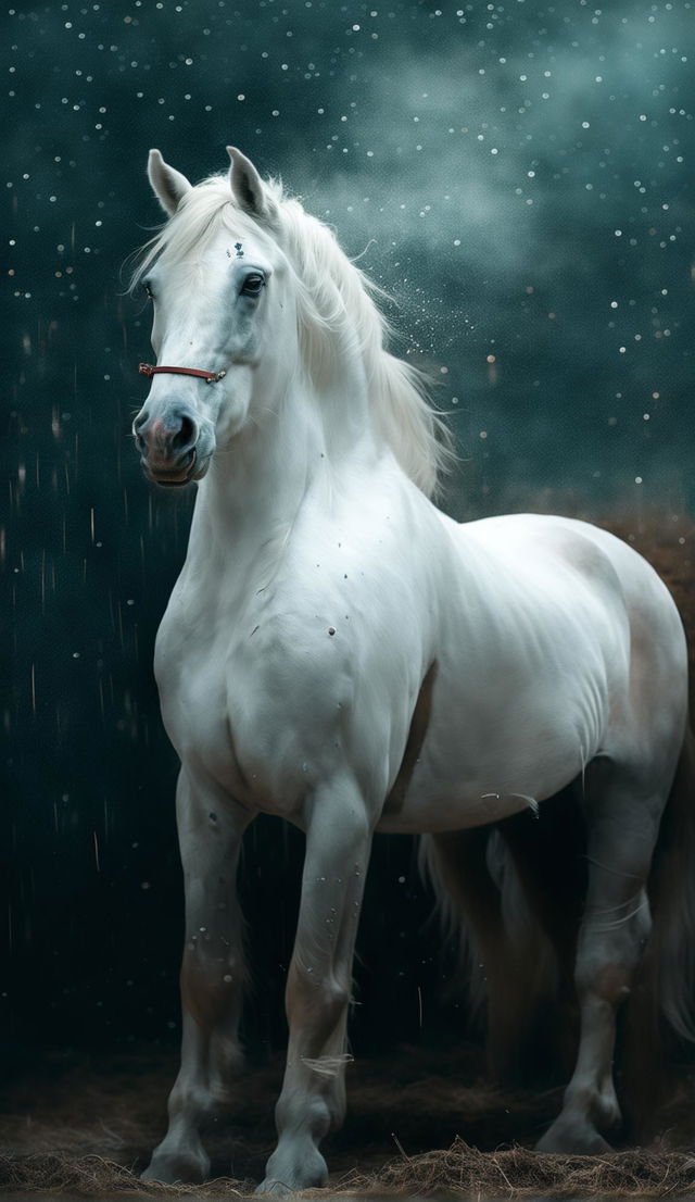 A Rococo-inspired 200mm portrait of a majestic horse, bathed in pastel hues against a minimalist backdrop. Ethereal particles surround the horse as a gentle rain falls.