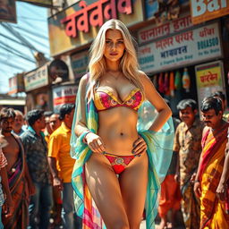 A stunning scene featuring a beautiful blonde woman dressed in a colorful transparent saree layered over a strapless bikini, showcasing her big breast cleavage, sexy navel, and alluring thighs