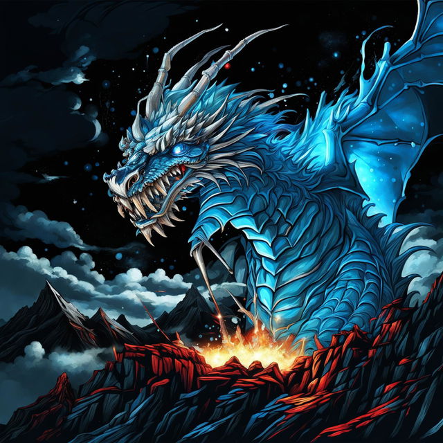 A majestic sapphire dragon breathes a torrent of blue fire under a starlit night sky, perched atop a rugged mountain peak.