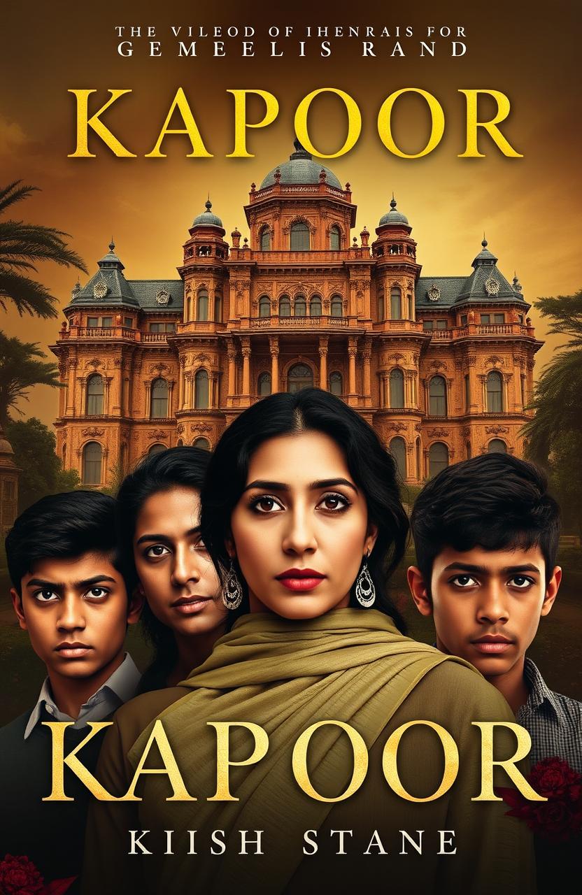 A captivating book cover featuring the majestic Kapoor mansion, standing tall and grand, with intricate architectural details