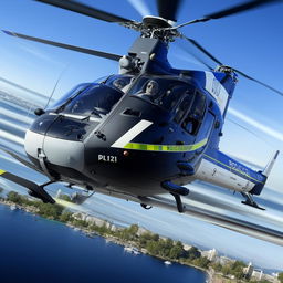 A police helicopter in mid-flight, showcasing its advanced navigational technology and sleek design.