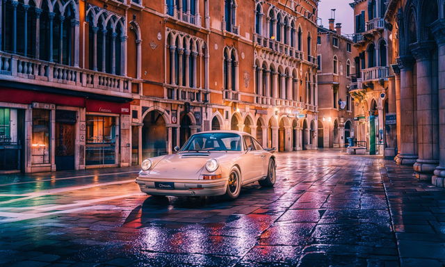 Editorial photograph of a Porsche 911 in Venice, captured by Amy Shore with a 200mm camera.