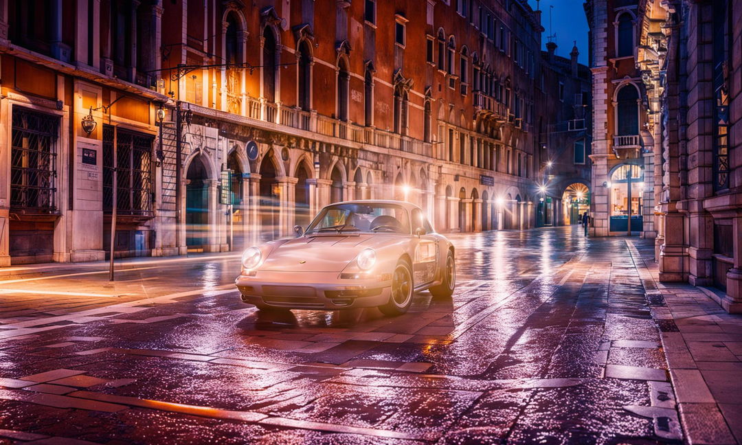 Editorial photograph of a Porsche 911 in Venice with cool lighting effects and light trails, captured by Amy Shore with a 200mm camera.