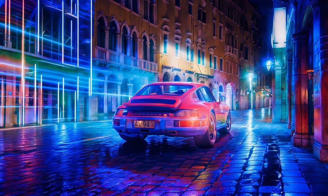 Hallucinatory editorial photograph of a Porsche 911 in Venice with neon light trails, captured by Amy Shore with a 200mm camera.