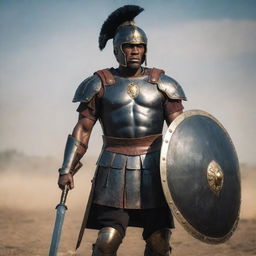 A powerful and respected black Roman soldier, equipped with impeccable armor, decorative helmet, and steadfast shield, standing tall on a battlefield.