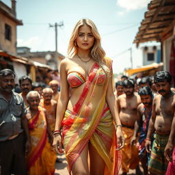 A captivating scene featuring a sexy blonde woman in a colorful transparent saree layered over a strapless bikini, accentuating her big breast cleavage, sexy navel, and alluring thighs