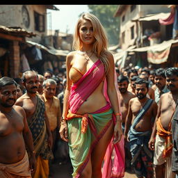 A captivating scene featuring a sexy blonde woman in a colorful transparent saree layered over a strapless bikini, accentuating her big breast cleavage, sexy navel, and alluring thighs