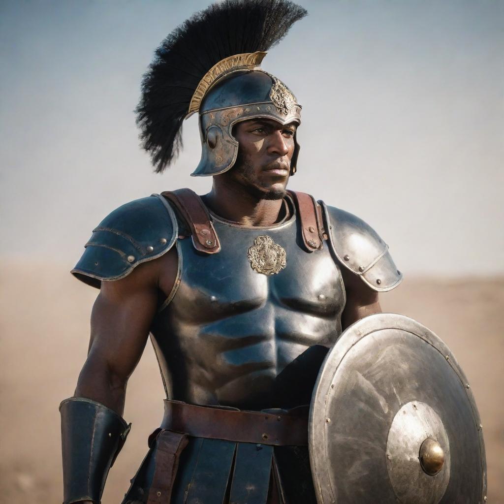 A powerful and respected black Roman soldier, equipped with impeccable armor, decorative helmet, and steadfast shield, standing tall on a battlefield.