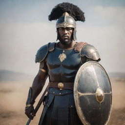 A powerful and respected black Roman soldier, equipped with impeccable armor, decorative helmet, and steadfast shield, standing tall on a battlefield.