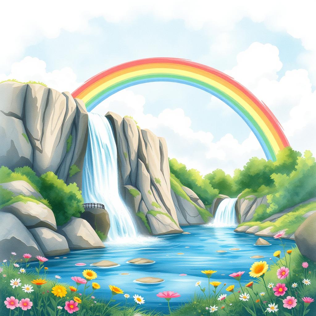 A picturesque scene of a vibrant rainbow arching majestically over a sparkling waterfall