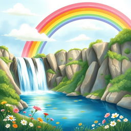 A picturesque scene of a vibrant rainbow arching majestically over a sparkling waterfall