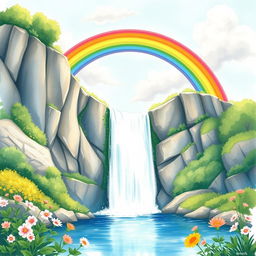 A picturesque scene of a vibrant rainbow arching majestically over a sparkling waterfall