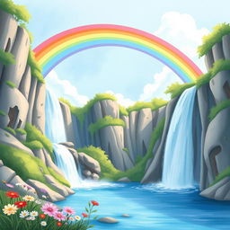 A picturesque scene of a vibrant rainbow arching majestically over a sparkling waterfall