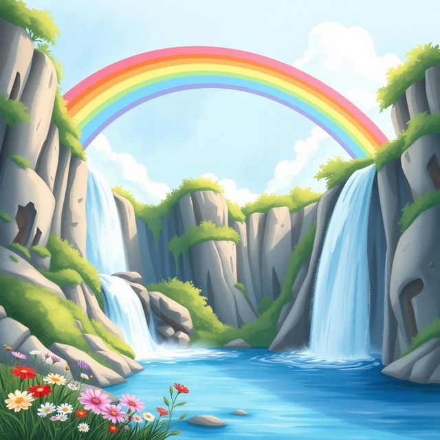 A picturesque scene of a vibrant rainbow arching majestically over a sparkling waterfall