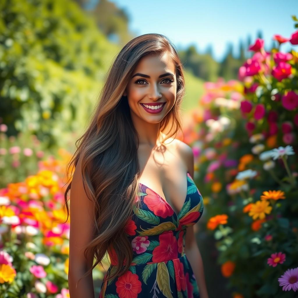 A beautiful woman with long flowing hair, wearing an elegant and colorful dress, standing in a vibrant garden filled with various blooming flowers