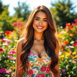 A beautiful woman with long flowing hair, wearing an elegant and colorful dress, standing in a vibrant garden filled with various blooming flowers