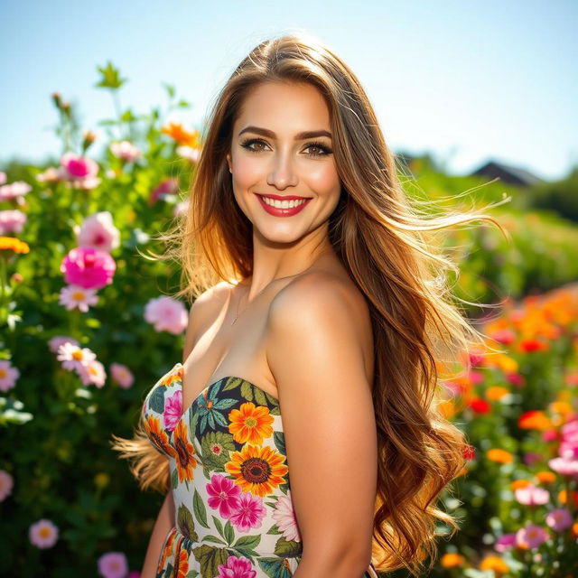 A beautiful woman with long flowing hair, wearing an elegant and colorful dress, standing in a vibrant garden filled with various blooming flowers