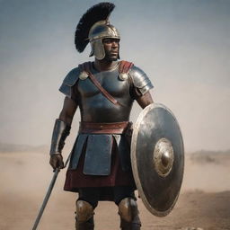 A powerful and respected black Roman soldier, equipped with impeccable armor, decorative helmet, and steadfast shield, standing tall on a battlefield.